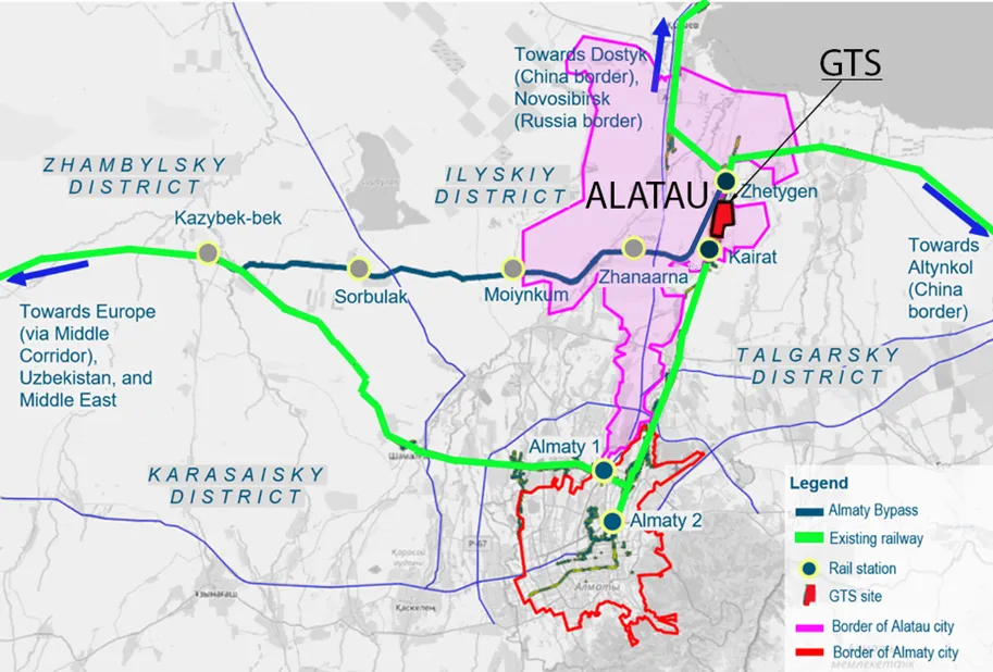 Карта расположения хаба G-Trans Service относительно Алматы, обводной железнодорожной линии и транспортных коридоров