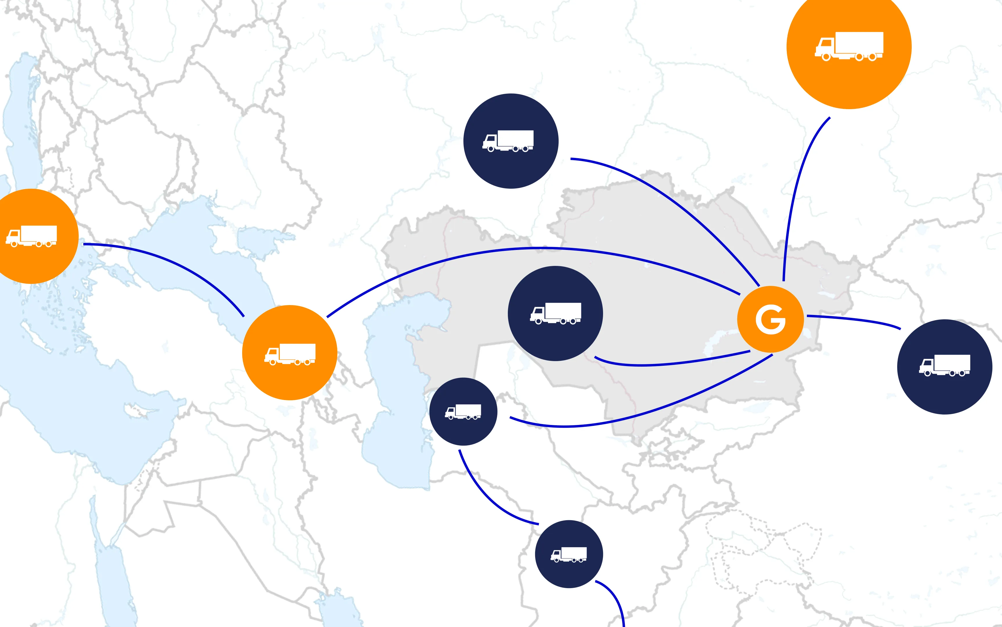 G-Trans Service хабының Алматыдағы орналасу картасы және Орта дәліз бағыттары